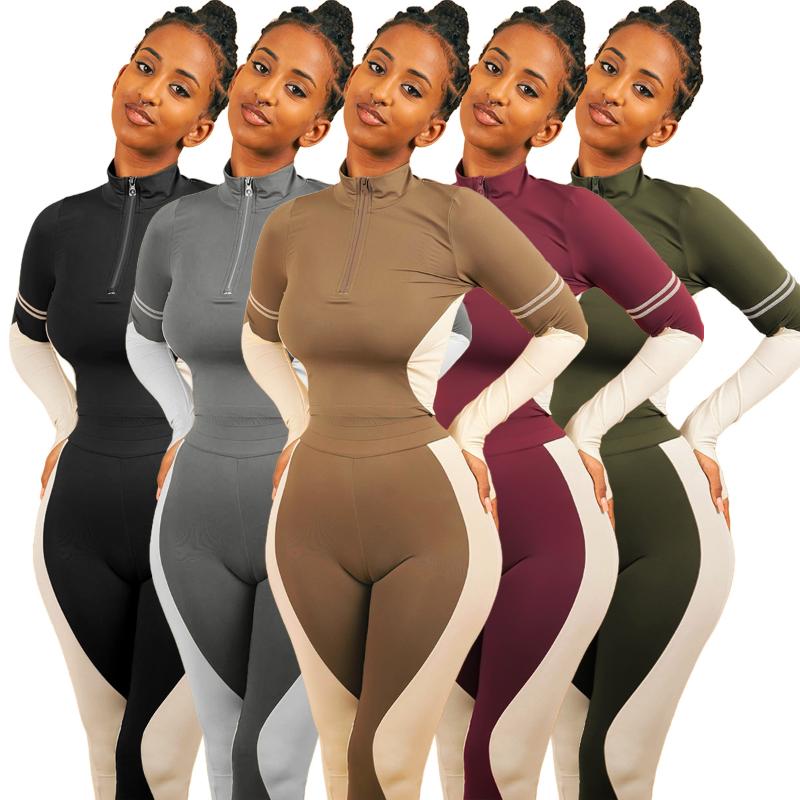 

Women' Two Piece Pants 2021 Design Suit Nightclub Slim Fit Sexy Fashion Stitching Contrast Zipper Leisure Sports 2-piece Set, Gray