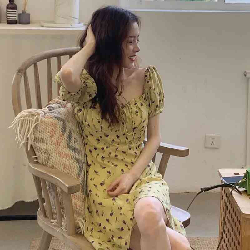 

Summer Chic Casual Lantern Sleeve Women Mini Dresses Plus Size Square Collar Split Floral Dress A-Line Ladies Robe 3XL 4XL 210521