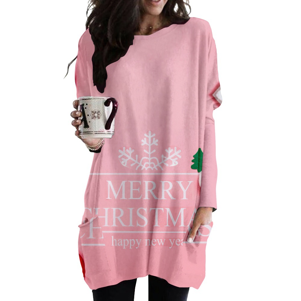 

Spring and Autumn Letters Printed Pattern Long Pocket T-shirt Female Elements Round Neck Loose Comfortable Homewear, Black;gray