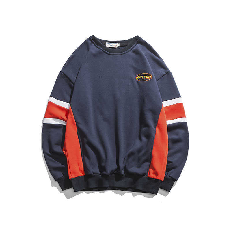 

O-Neck Hoodies Men Loose Oversize Plus Patch Design American Preppy Style BF Couples Simple All-match Hooded Terry Clothing 210603, Navy