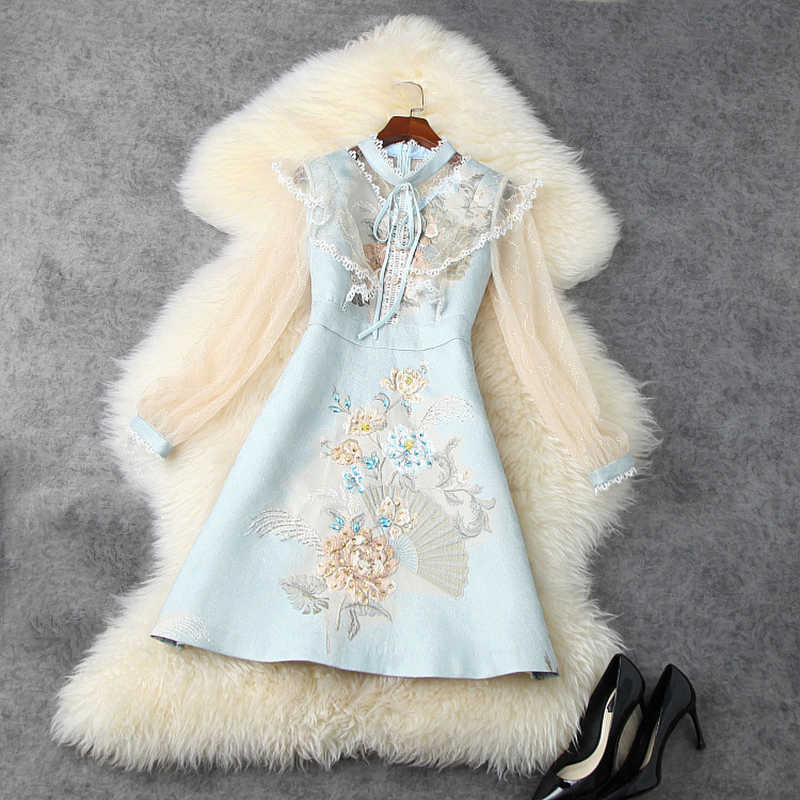 

HIGH STREET Fashion Spring Runway Dress Women's Vintage Jacquard Mesh Ruffle 210526, Blue