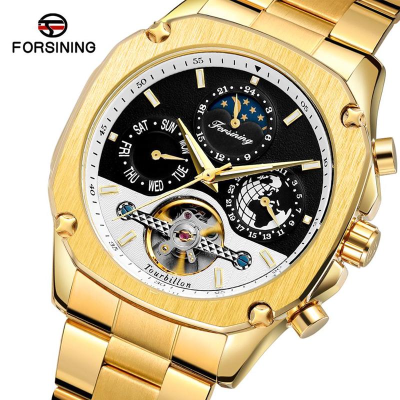 

Wristwatches Forsining Grand Golden Automatic Watch Tourbillon Moonphase Male Mechanical Calendar Self-Wind Steel Belts Relogio, Type 4