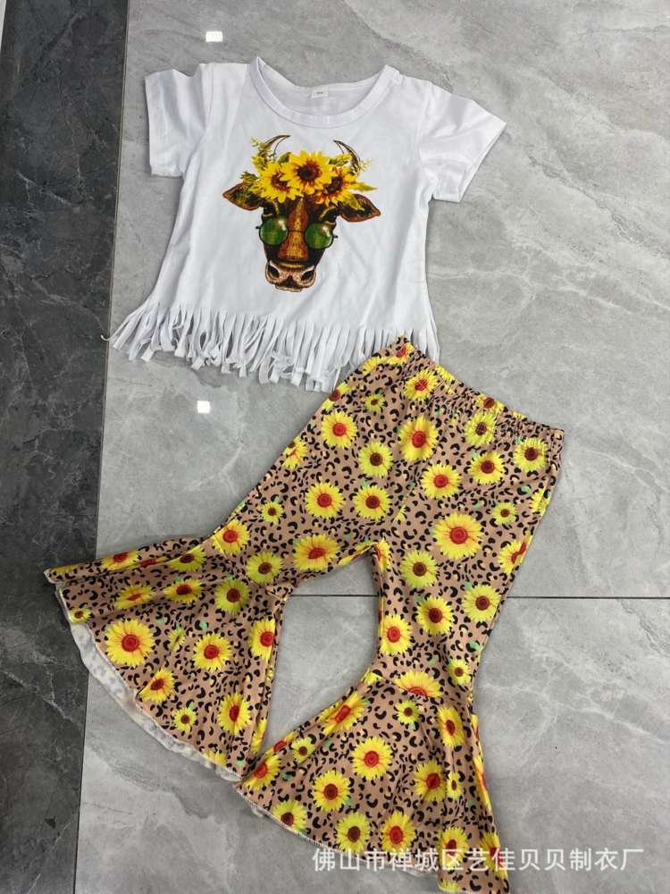 

Boys and girls suits selling small chrysanthemum flared trousers tassel T-shirt suit, White