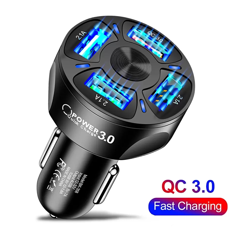 

4 Ports Multi USB Car Charger 48W Quick 7A Mini Fast Charging QC3.0 For iPhone 12 Xiaomi Huawei Mobile Phone Adapter Android Devices