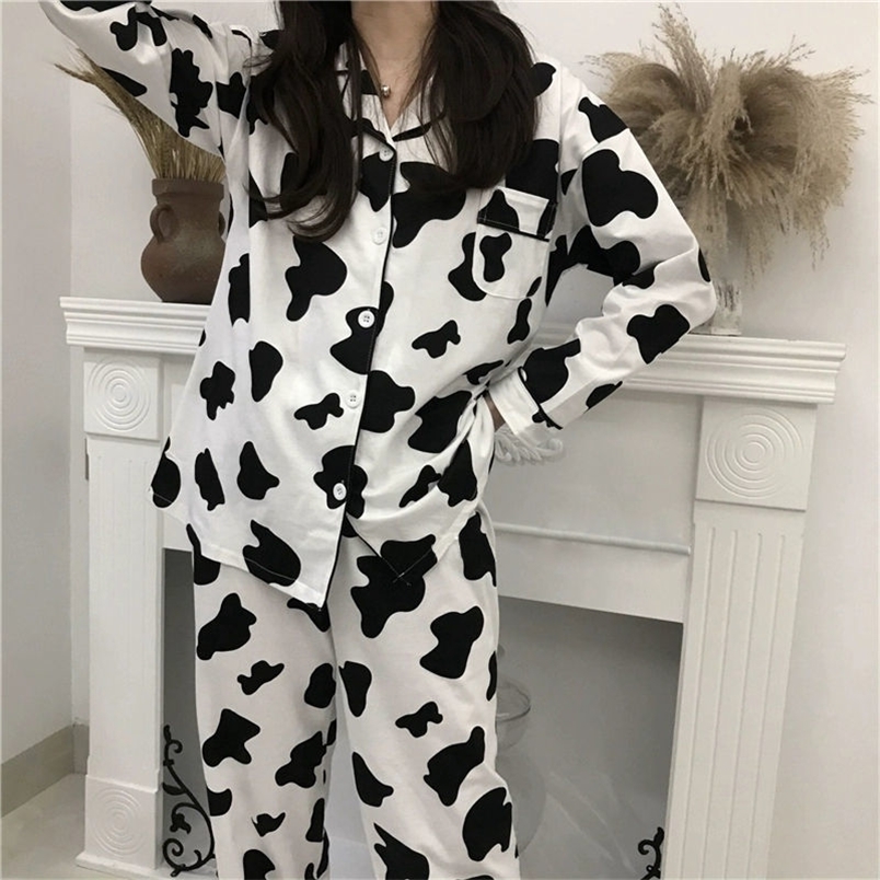 

Cow Print Pajamas for Women Cute Nightwear Sleepwear Set Autumn Winter Pyjamas Girls Homewear Pijama Mujer Home Clothes Ladies 220309