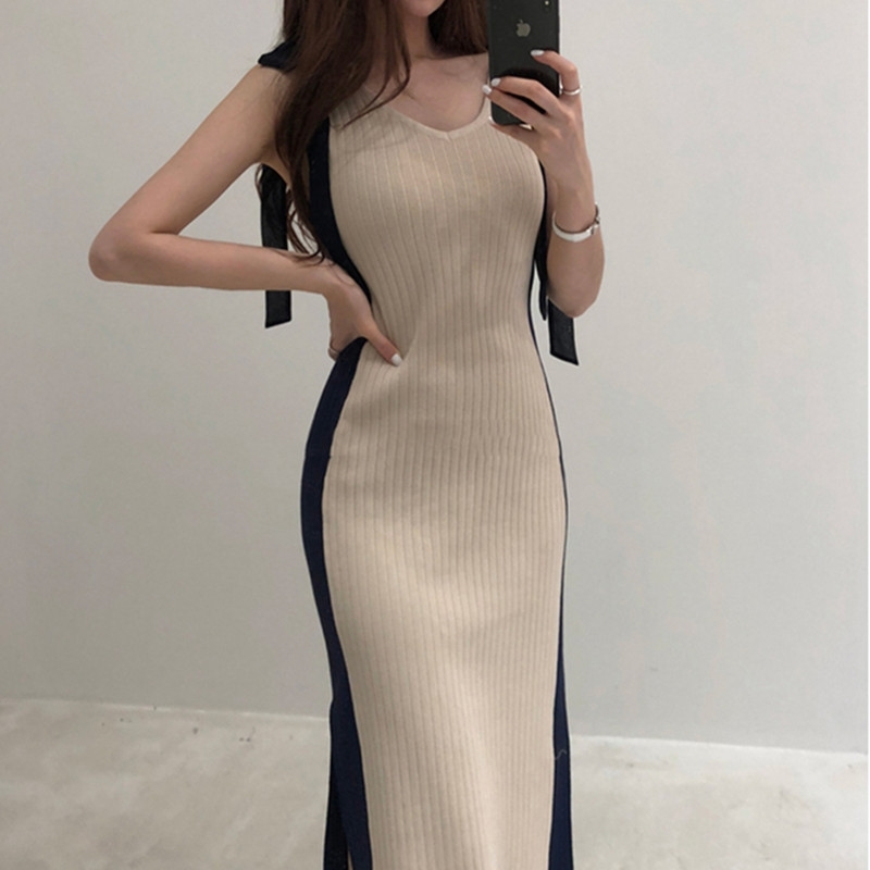 

Vintage Patchwork Bow Female Summer Sleeveless Knitted Retro Bottom Dress Pullovers Women Slim Vestidos 210520, Photo color