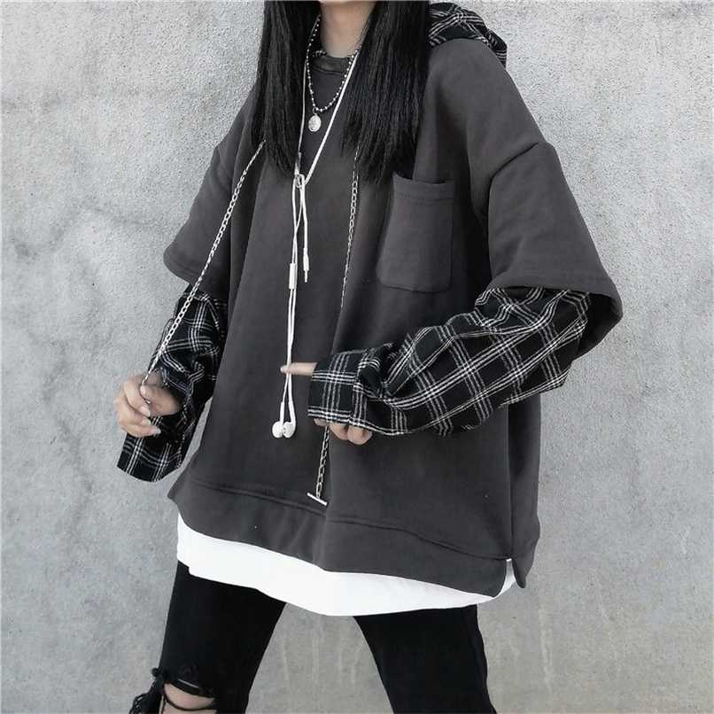 

Deeptown Striped Sweatshirt for Women Black Gothic Style Hoodie Patchwork Grunge Long Sleeve Plaid Pullovers Korean Fashion 211109