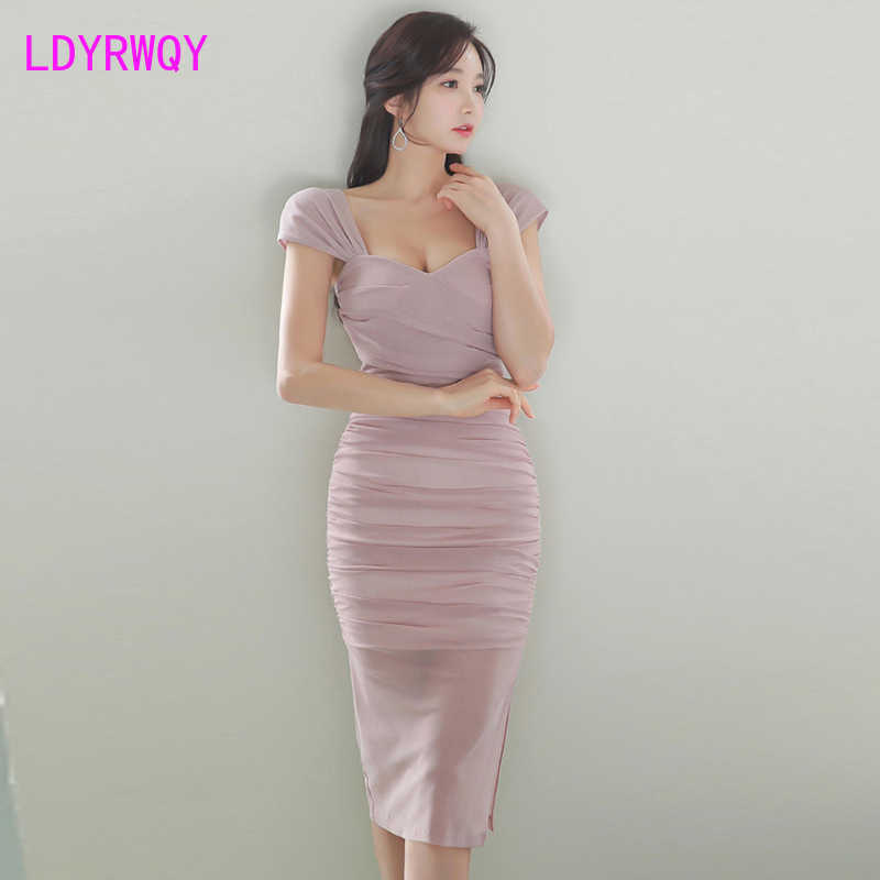 

Summer Women's Slim Thin Dress Short Office Lady Cotton Knee-Length V-Neck Solid Sheath 210603, Pink