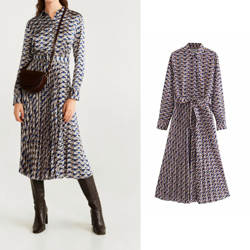 

Za 2021 Womens Casual Pleated Geometric Print Dress Long Sleeve Dress Chic Vestido Mujer, As picture
