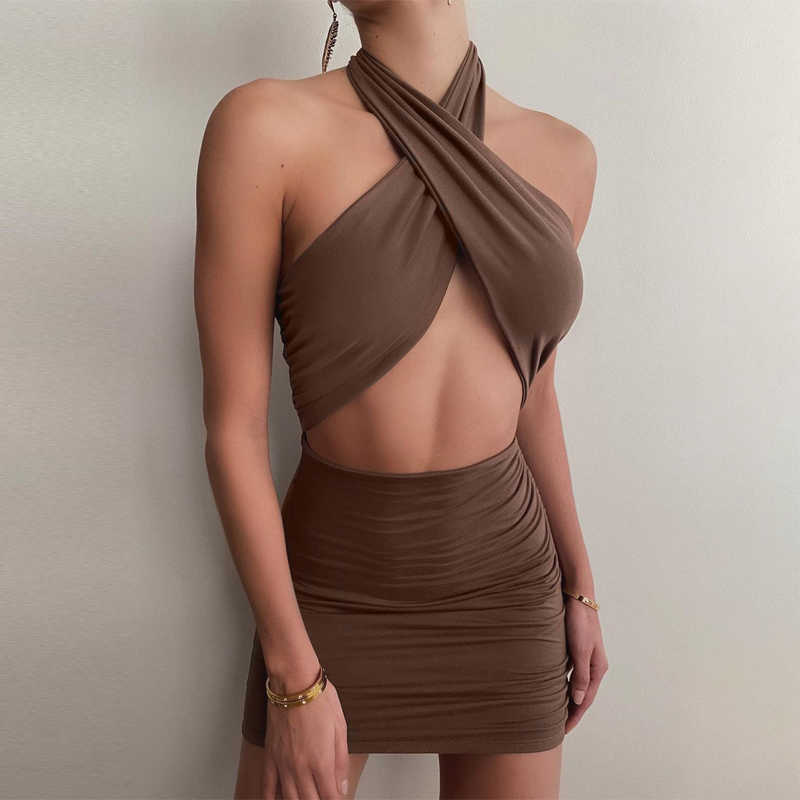 

Women Halter Mini Dress Summer Solid Ruched Drawstring Lace Up Hollow Out Bodycon Sexy Party Club Package Hip Vestidos 210526, Brown