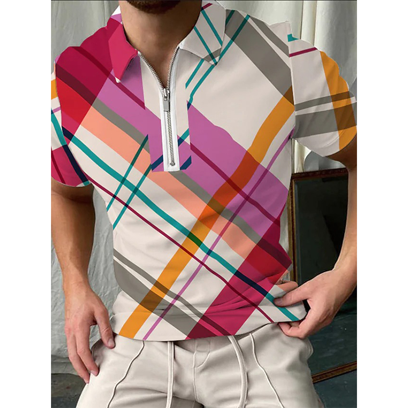 

Little boy plaid men's zipper polo shirt, high quality, comfortable, breathable, fashionable and cool, daily business trip, work party, White;black