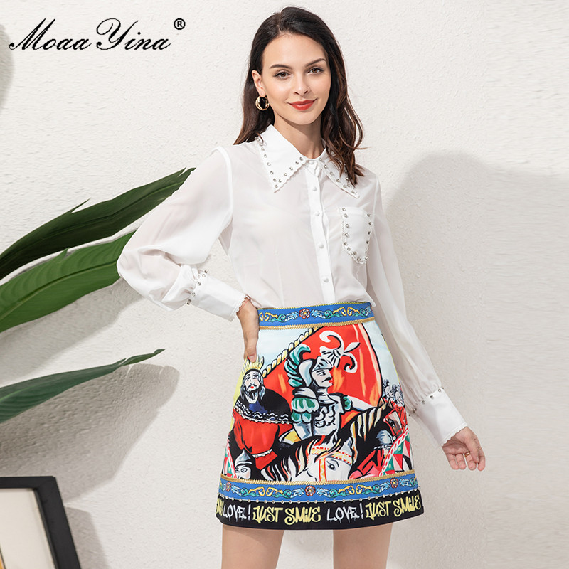 

Designer Summer Fashion Two Pieces Skirts Set Women's Casual Long sleeve white Shirt and Printing Suit 210524, Multi