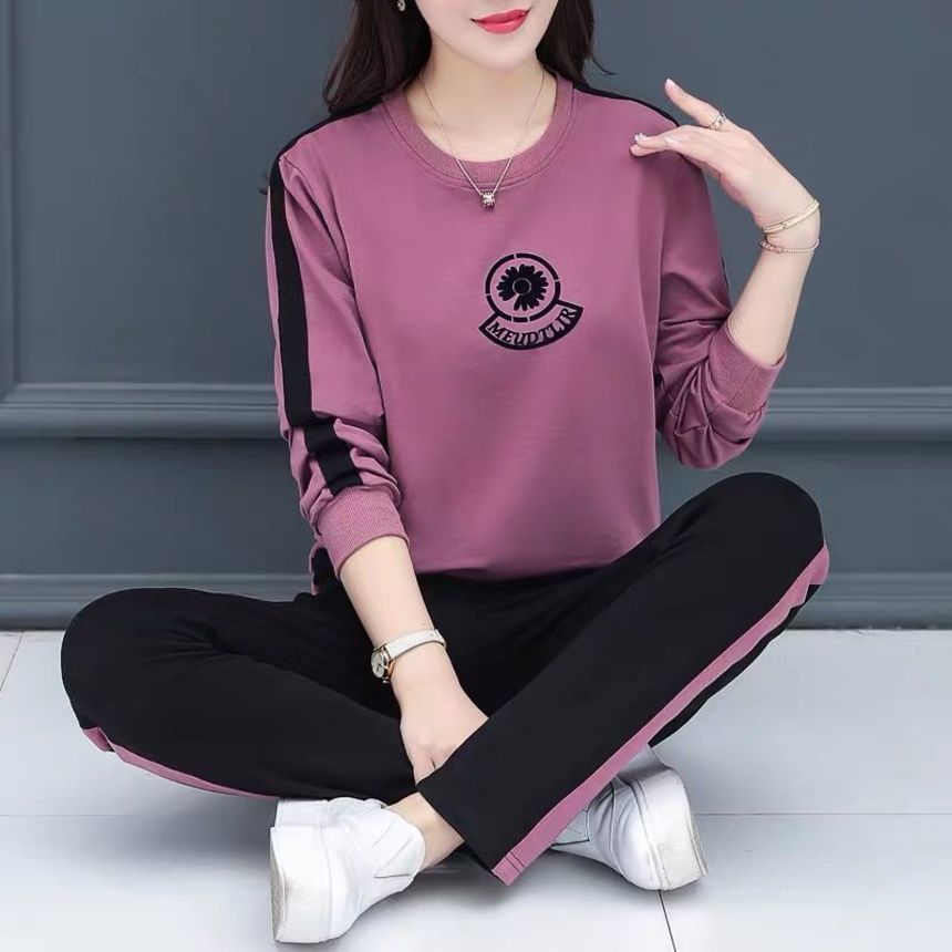 

sportswear women's spring and autumn 2021 new korean loose round neck large fat mm sweater casual two-piece set fashion, Gray