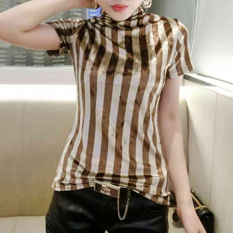 

Women's T-Shirt Spring Summer European Clothes T-shirt Fashion Print Striped Women Pleuche Tops Ropa Mujer Bottoming Shirt Tees T0, Black short sleeve