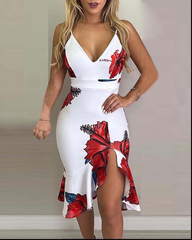 

fashion elegant slim bodycon womens dress party beach sleeveless spaghetti strap floral print slit ruffles, Black;gray