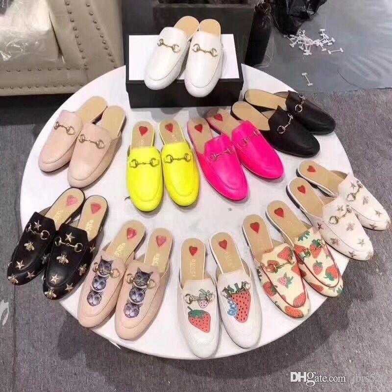 

classic Cartoon Slippers soft cowhide outdoor beach designer woman flat Lazy Baotou slipper 100% leather velvet women shoes men SHoes Large, Black leather