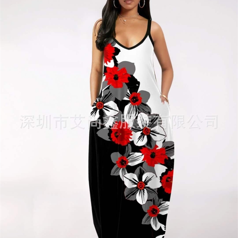 

2020 spring and summer printed suspender dress new women' Beach skirt, Black