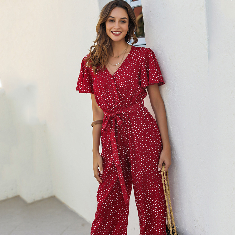 

Women casual summer jumpsuit romper 2021 red dot print ruffle beach romper playsuit vintage long pants boho romper overalls, Black