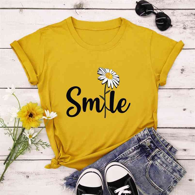 

Summer T-Shirt Women Plus Size 5XL Cotton Cute Flower Smile Letter Print Female Short Sleeve Tshirts Casual Fashion Tops Tees 210708, Blue