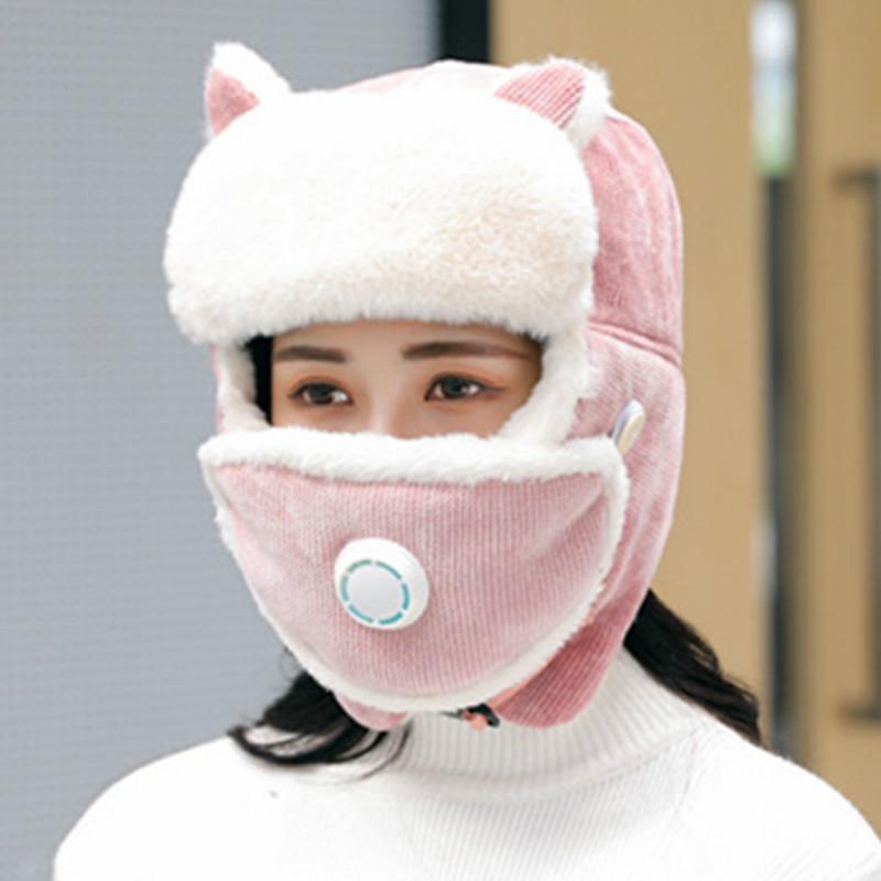 

Beanie/Skull Caps Fashion Winter Hats For Women With Breathing Mask Hat Girl Add Fur Lined Warm Pilot Style, Blue;gray