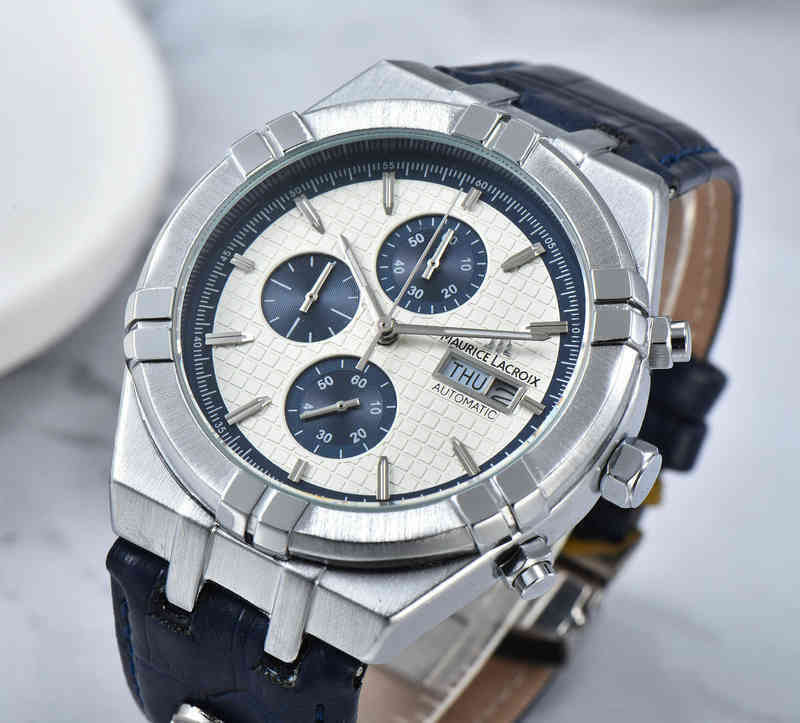 

Watches Maurice Lacroix Luxury Multifunction Chronograph Top Leather Waterproof Men's Watch Fake Week True Calendar Quartz 0222, Belt blue