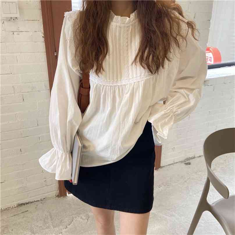 

Vintage Solid Shirts Stand Female Office Lady Chic Loose Fashion All Match Streetwear Blouses Kroean Tops 210525, Orange