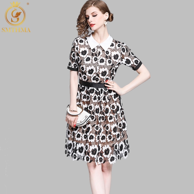 

Vintage Embroidery Women Dress Turn-down Collar Short Sleeve High Waist Hollow Self Portrait Dresses 210520, Photo color
