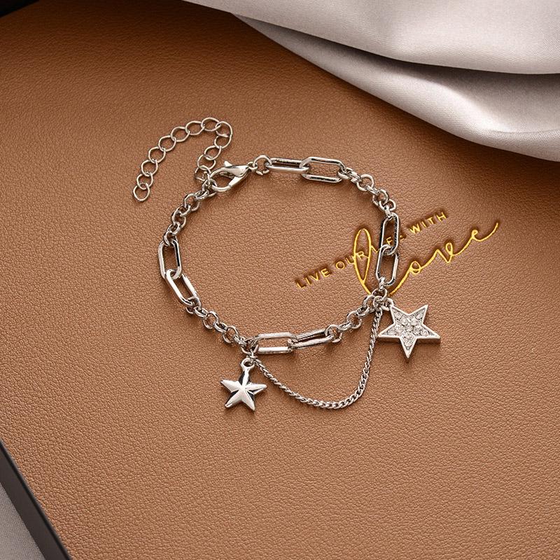 

Charm Bracelets 2021 Vintage Korean Style Double Star Glowing Zircon Pendant Bracelet Stitching Metal Chain For Women 90s Jewelry Gifts