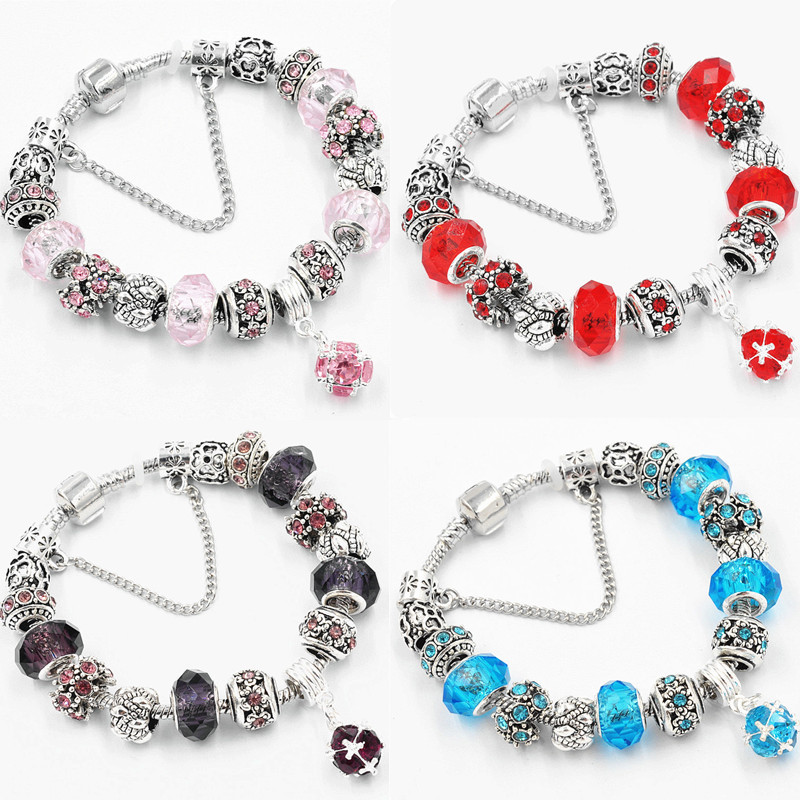 

4 Colors Fashion 925 Sterling Silver Daisies Murano Glass&Crystal European Charm Beads Fits Charm bracelets Style Bracelets 20+3CM, Black