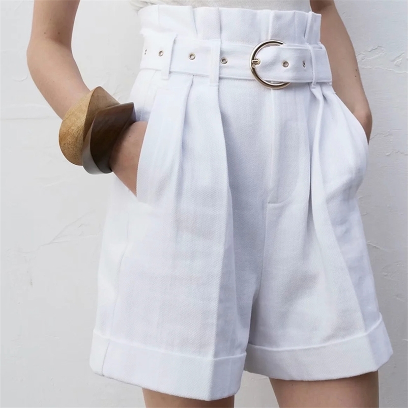 

spring shorts fashion solid color wide leg pants belt decoration 210524, White