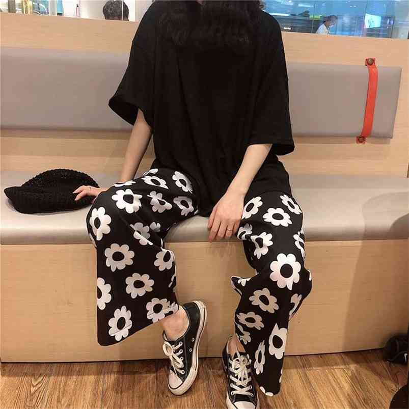

ita style autumn Korean ulzzang Harajuku personality hip hop street flower print loose wide leg pants ankle-leng 210721, Black