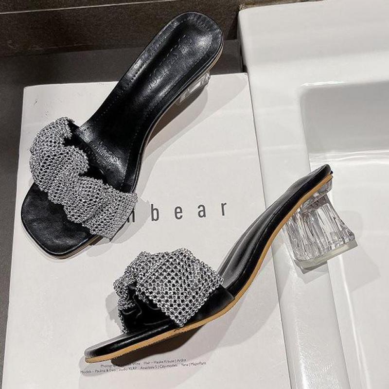 

Slippers Shoes Casual Square Heel Glitter Slides Women Luxury Jelly 2021soft Fashion Pu Crystal Ytmtloy House Zapatillas Casa, Black