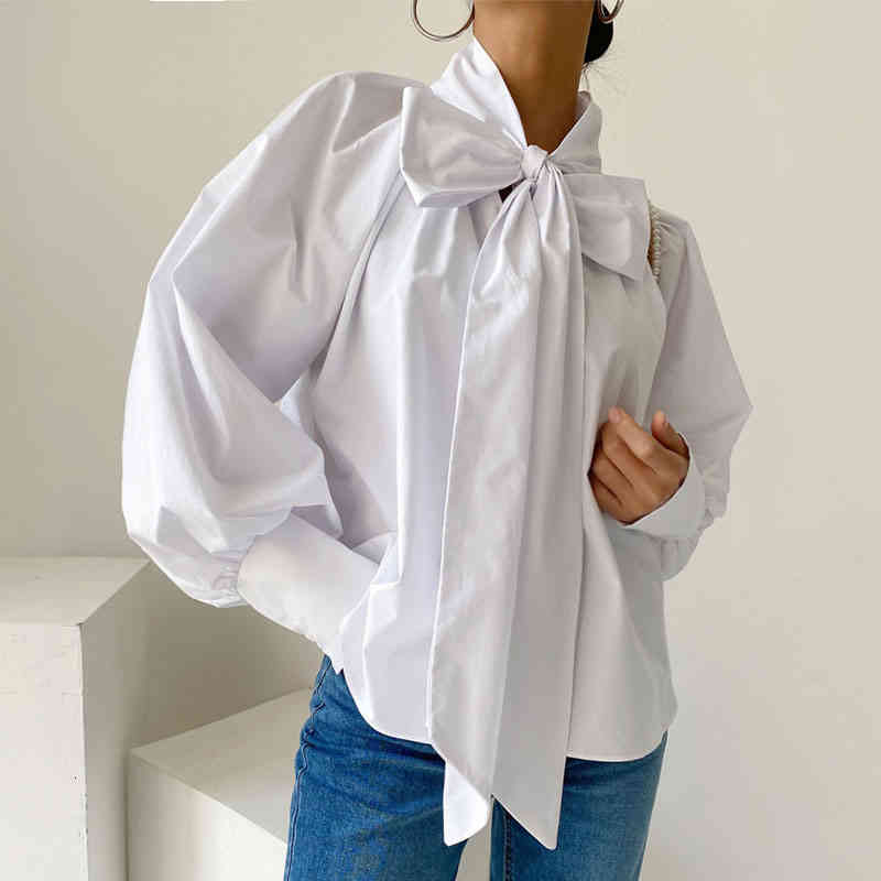 

Chic Shirts Woman Spring Ins Fashion Solid Stand Collar Bow Tie Design Loose Versatile Lantern Sleeve Top Tide, White