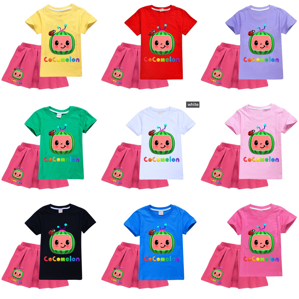 

Two piece cocomelon OUTFIT kid girls cartoon t shirt and dress set designers sweat shirt tops short pleated skirts sportswear casual outfit, White