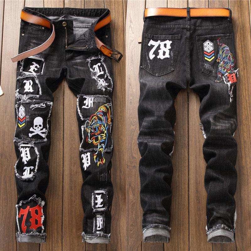 

Fashion Embroidery Pant Floral Denim Skinny Jeans Rip Long Men Casual Men's, Blue