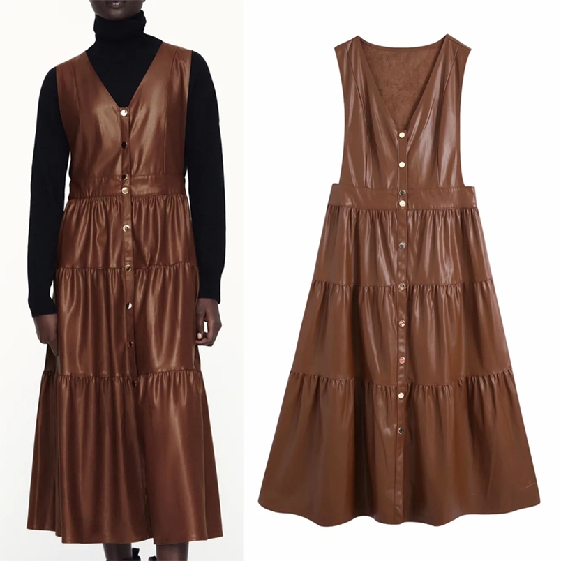 

Faux Leather Pinafore Ruffle Dress Women Fashion V Neck Sleeveless Midi Woman Metal Snap Button Casual es 210519, Brown