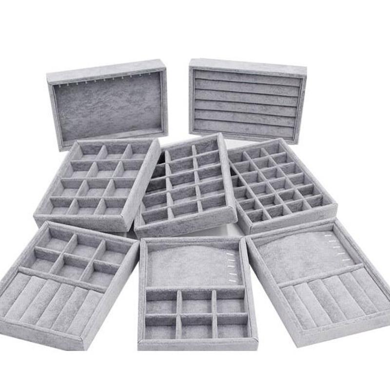 

2021 Handmade DIY Jewelry Box Drawer Storage Organizer Gray Soft Velvet Jewellery Earring Necklace Pendant Bracelet Tray 9 Options