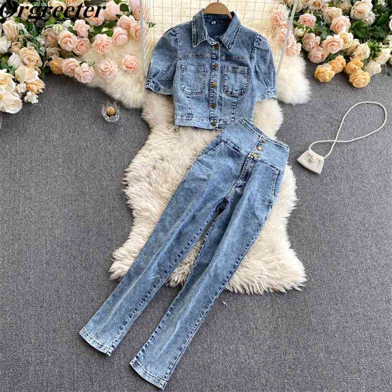 

Spring Summer Retro High Street Lapel Short-sleeved Denim Jacket waist Slim Long Pencil Pants Two piece set Female 210602, Blue