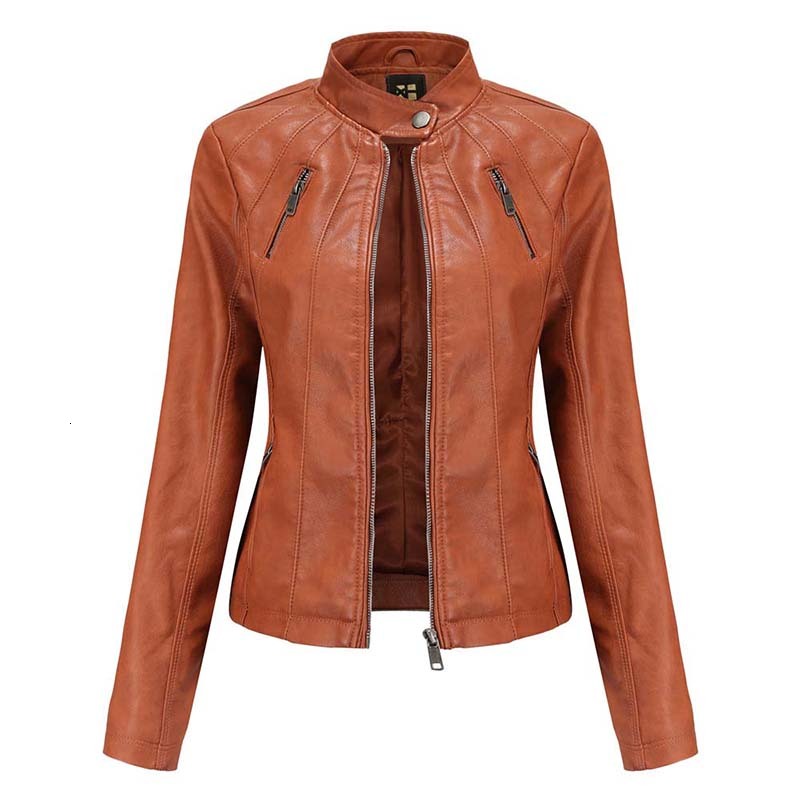 

Women's Jackets Big women's leather jacket, basic jacket with motorcycle collar, autumn CHNG, 1# shoe box