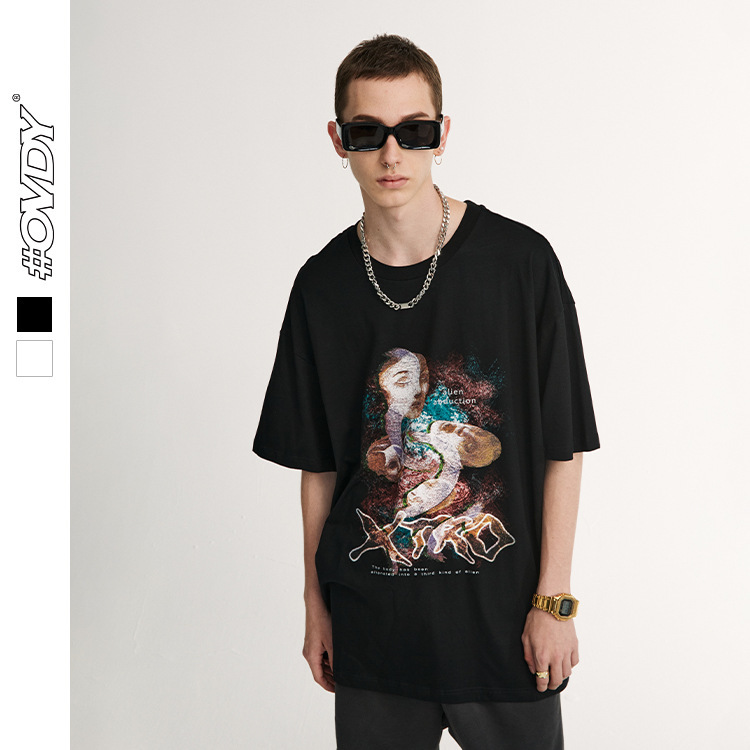 

wxwovdy men's 2021 spring and summer new street fashion brand fun abstract face printing men's short sve t-shirt, White;black