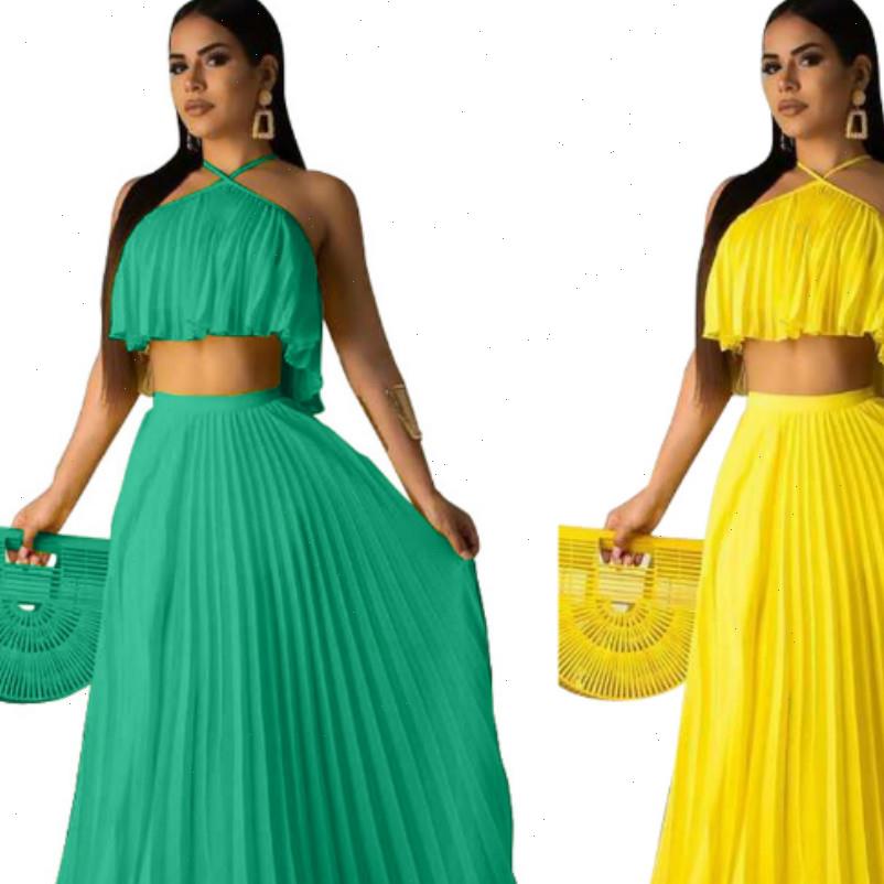 

yellow womens tracksuits green pleats women two pieces skirt sets summer halter neck sleeveless short floor length casual, Gray