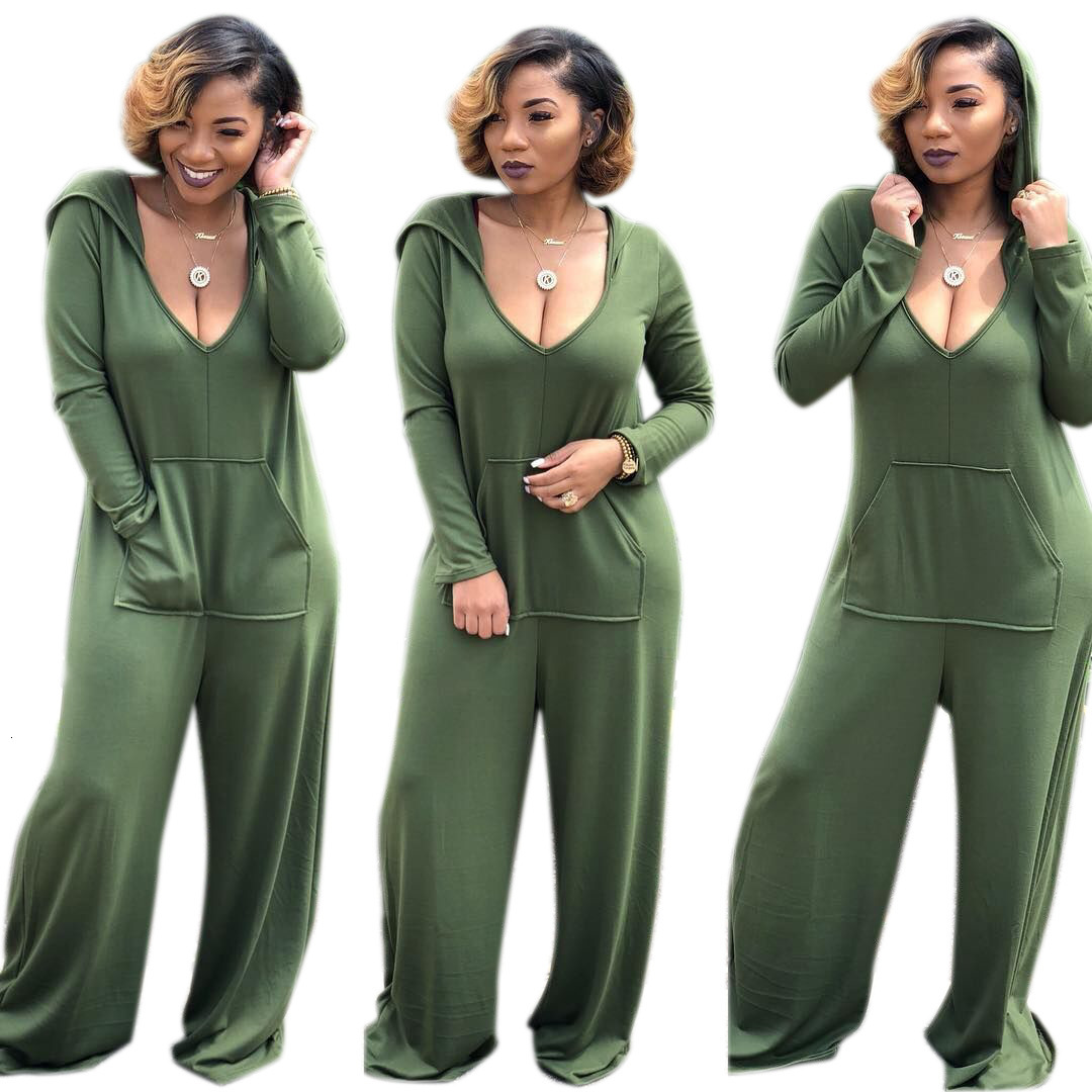 Autumn Women Long Sleeves Hooded Casual with Pockets Cotton Loose Wide Leg Pants Jumpsuits Three Colors Comfortable-image-680402494