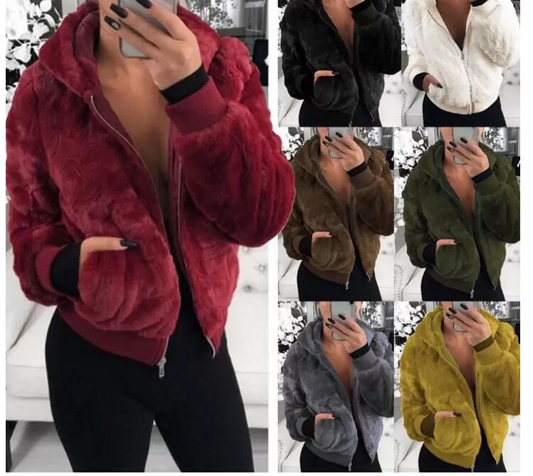 

Faux Fur Women Coat With Hood High Waist Fashion Slim Black Red Pink Jacket Fake Coats, Dark brown