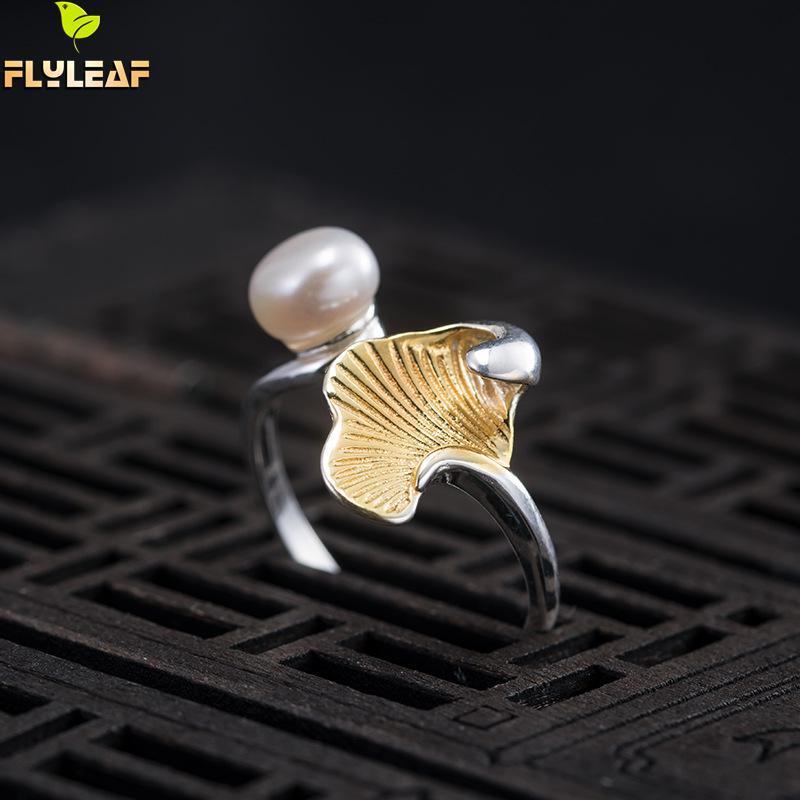

cluster rings 925 sterling silver gold ginkgo leaf open for women freshwater pearls female vintage jewelry flyleaf arrival, Golden;silver