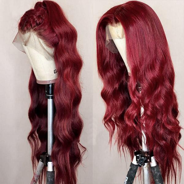 

Alllove HD Lace Front Wig Body Wave Female Brazilian Peruvian 30 32 Inch 99j Color Wig Wine Red Straight Hair Pre-Pulled Human Hair Wig Transparent, As the picture shows