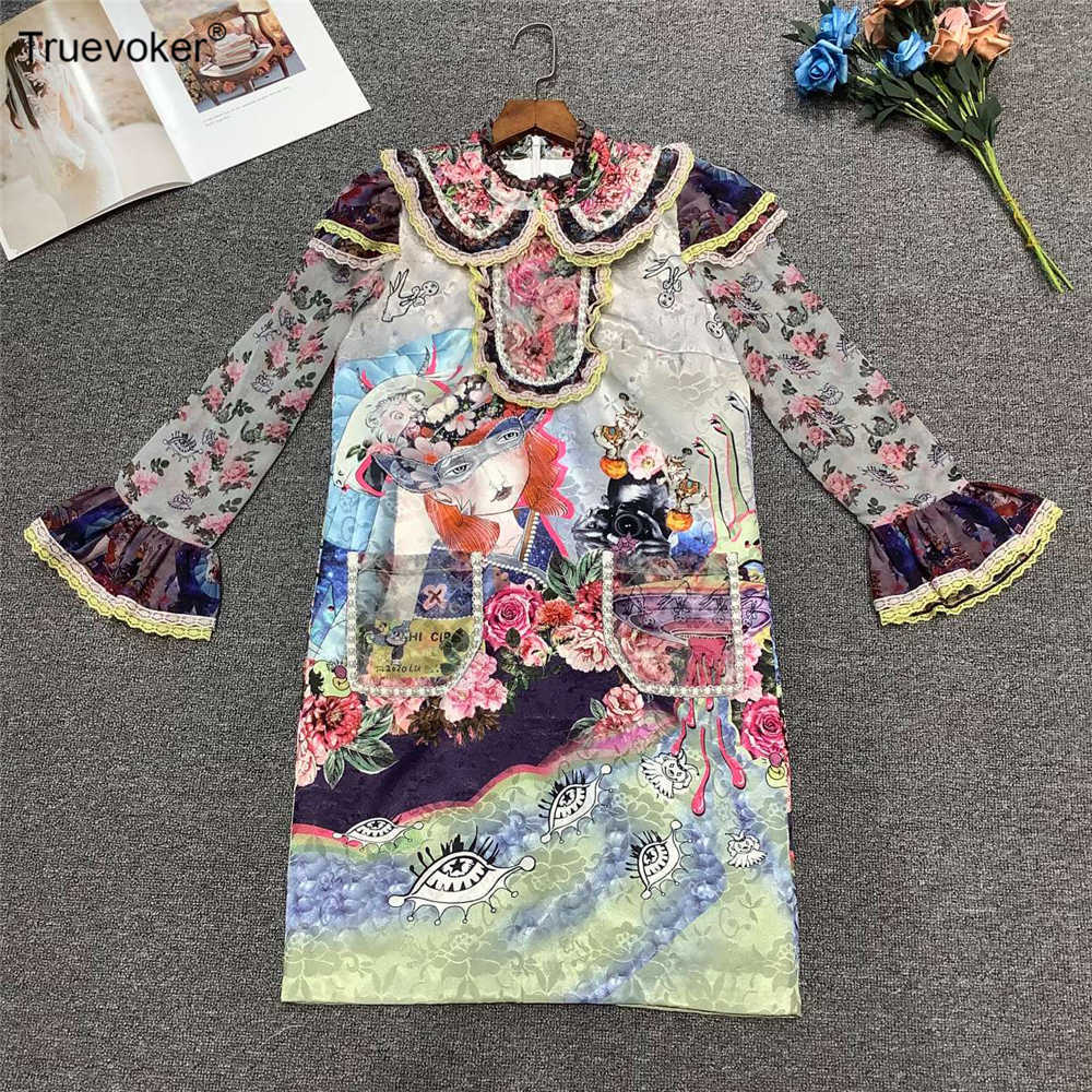 

Truevoker Spring High Street Runway Fashion Women's Flare Sleeve Cute Cartoon Print Ruffle Lace Patchwork Party Dress 210602, Blue