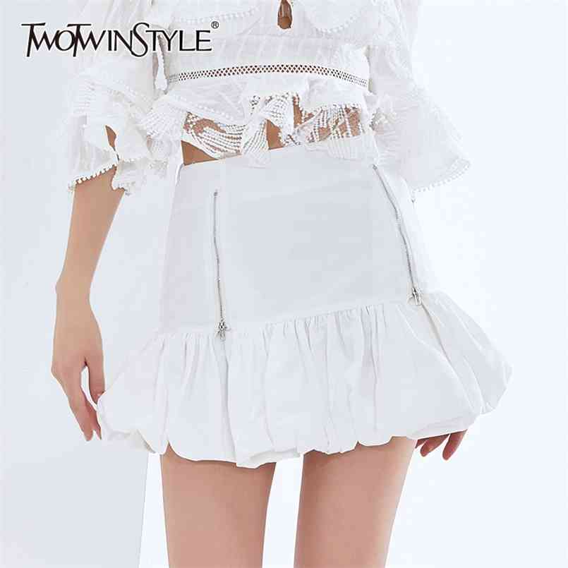 

White Mini Bud Skirt For Women High Waist Patchwork Zipper Ruched Slim Skirts Female Fashion Clothing 210521, Black