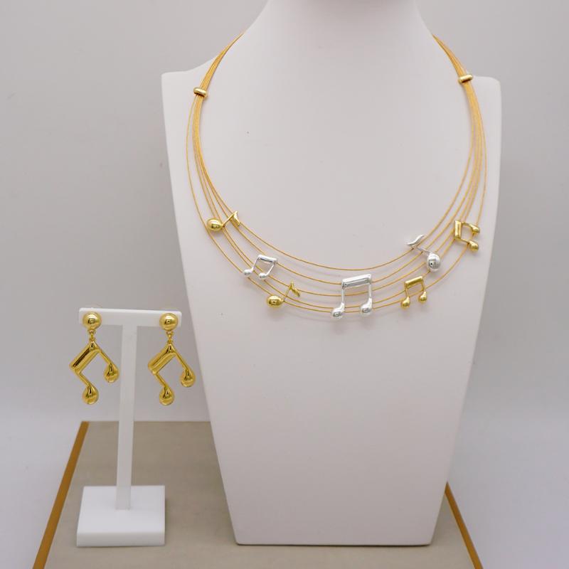 

Earrings & Necklace Dubai 24K Gold Plated Bridal Jewelry Sets Costume Jewellery Set Big Round Music Note Shape, Silver