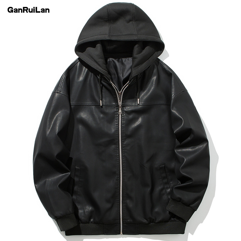

Hat Detachable Cotton Hooded Motorcycle Biker Men Black PU Leather Jacket and Coat Slim Fur Inside Jaqueta Couro JK18906 210518, Black asian size