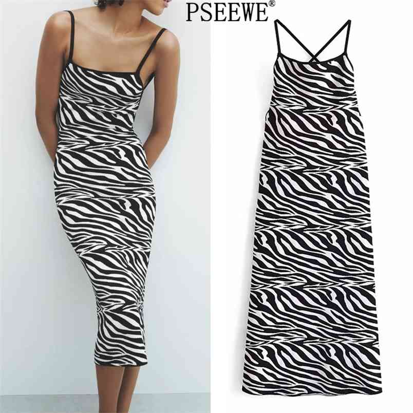 

Black White Zebra Stripes Knitted Slip Dress Women Summer Backless Sexy Long Dresses Woman Slim Vintage Party 210519